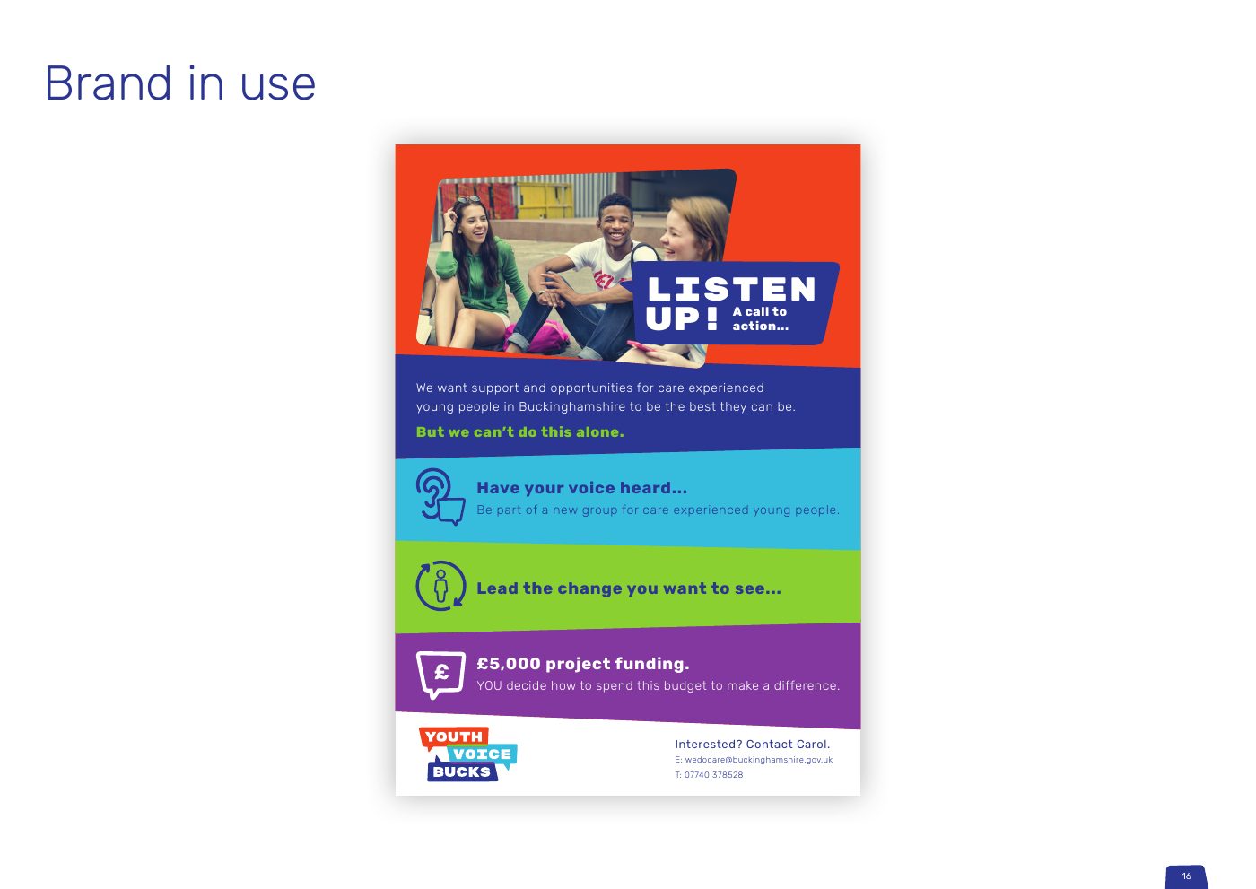 Youth Voice Bucks brand guidelines: Brand in use: a poster