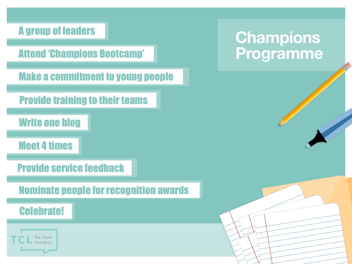 Information for Champions slide: What a champion does, from bootcamp to celebration