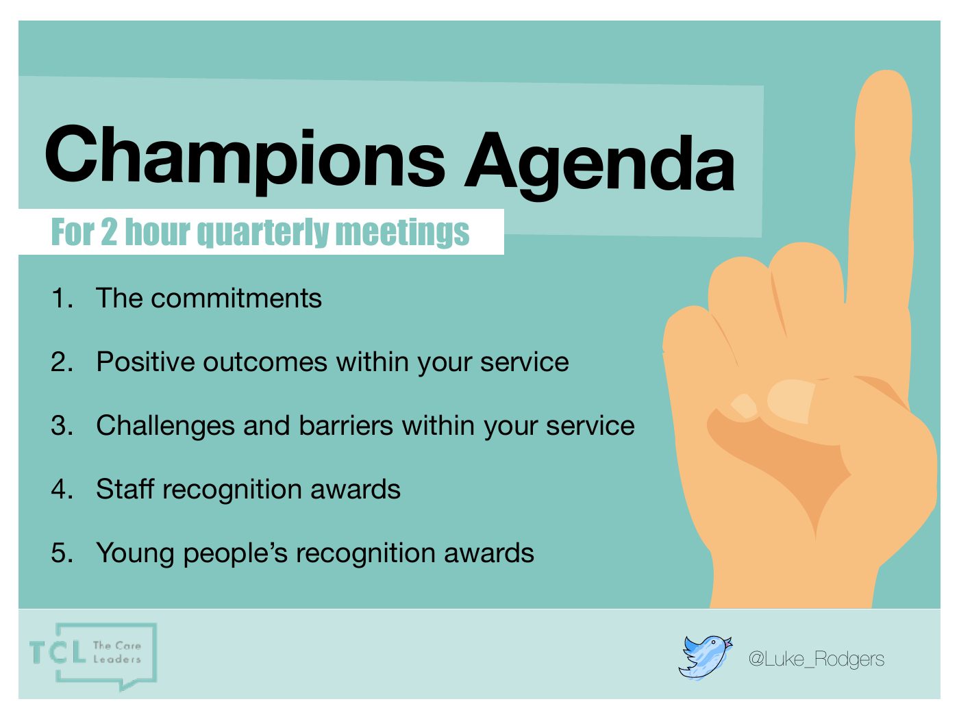 Information for Champions slide: The agenda for quarterly meetings