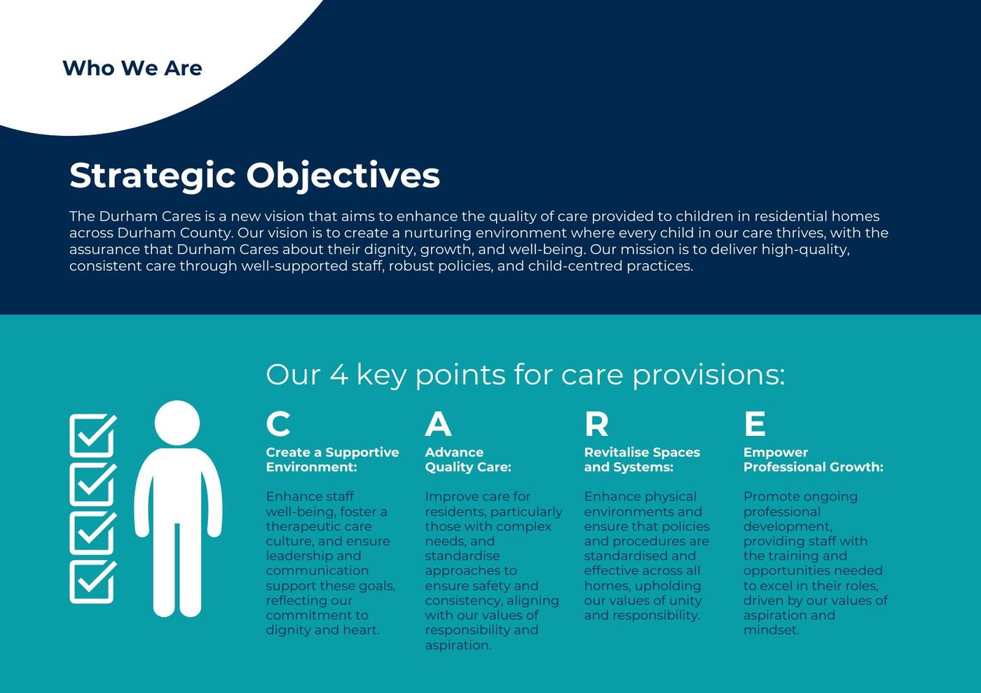 Durham Cares Brand at a Glance, page 2: Who we are: the vision and the four CARE objectives
