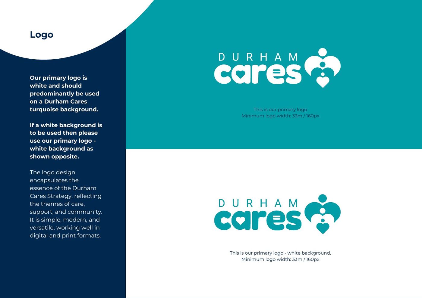 Durham Cares Brand at a Glance, page 6: The primary logo, on turquoise and on white