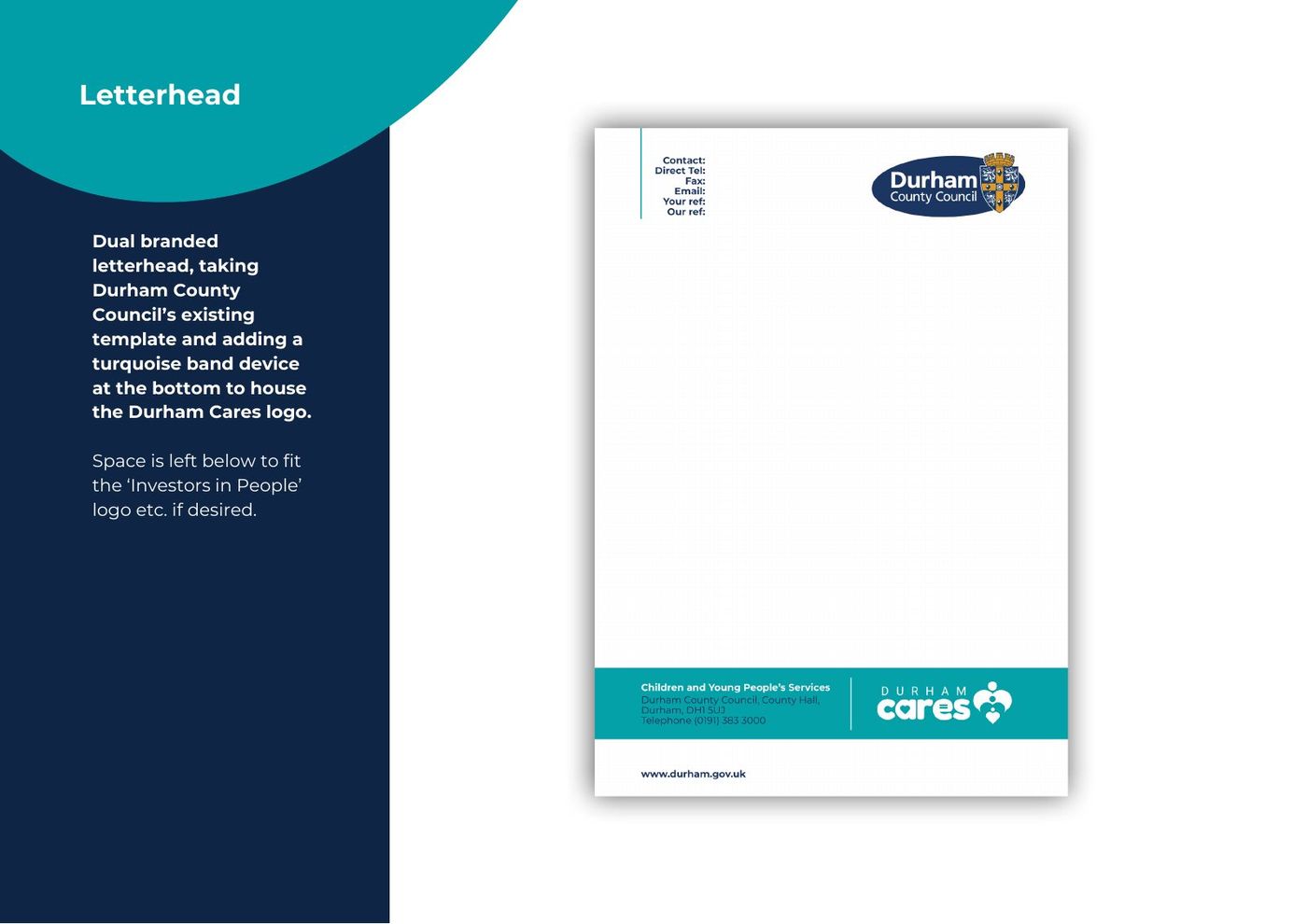 Durham Cares Brand at a Glance, page 10: The dual-branded letterhead
