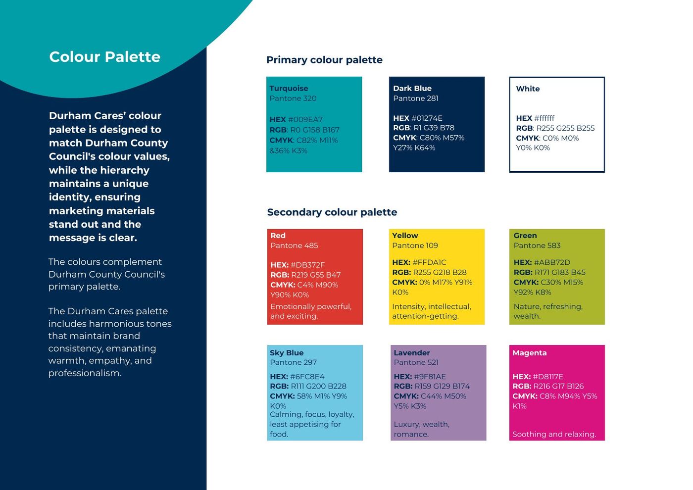 Durham Cares Brand at a Glance, page 11: The colour palette