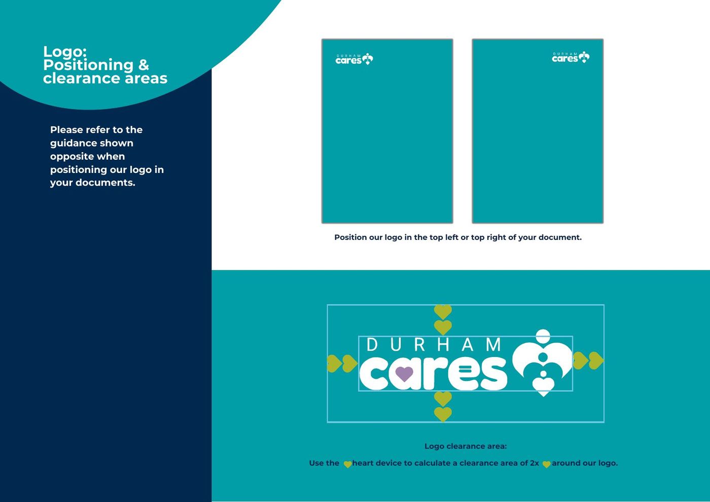 Durham Cares Brand at a Glance, page 13: Positioning the logo and keeping it clear