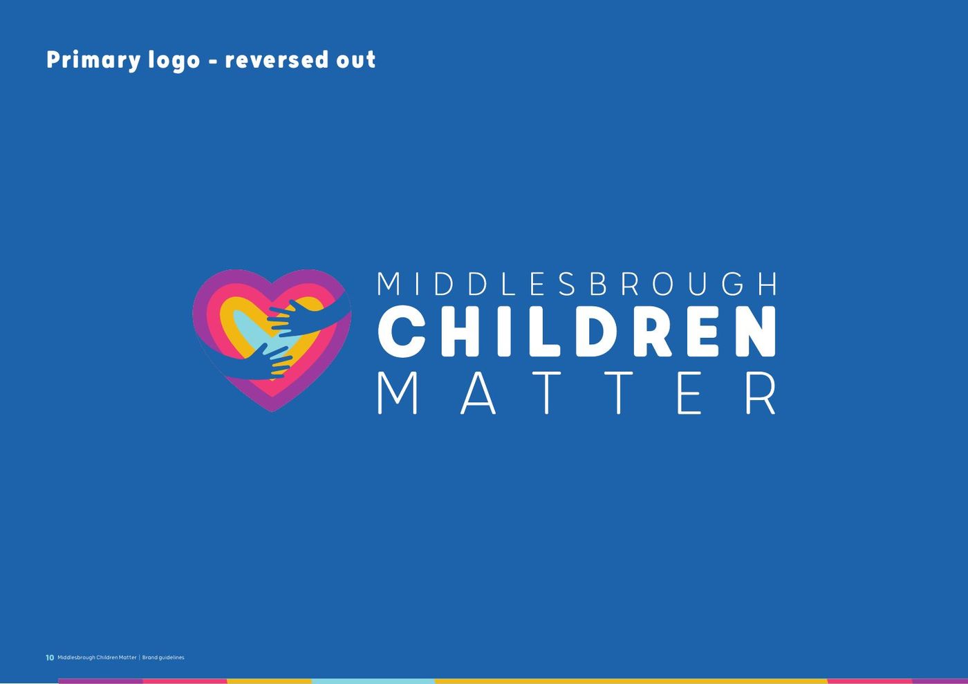 Middlesbrough Children Matter brand guidelines, page 10: The primary logo, reversed out
