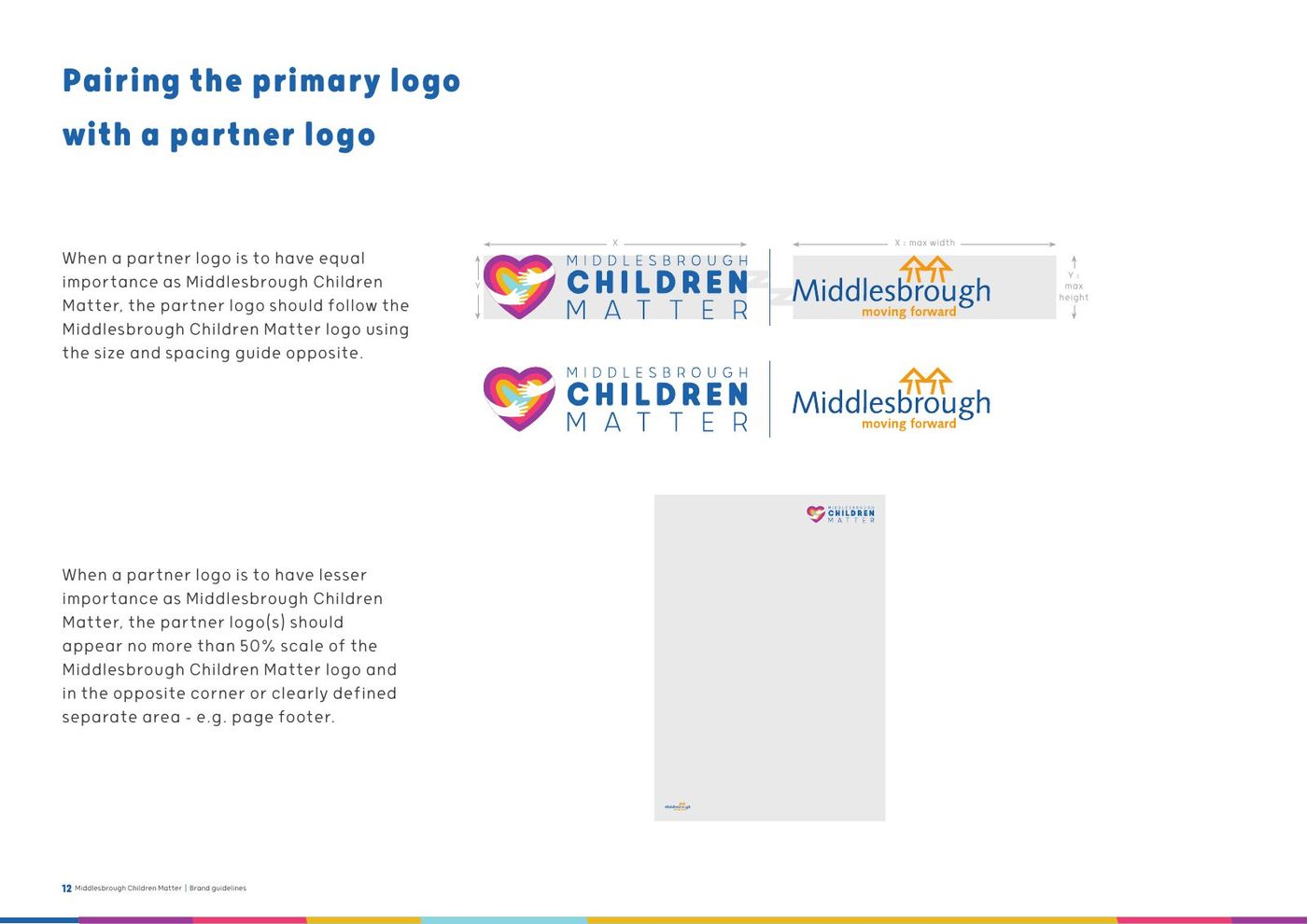 Middlesbrough Children Matter brand guidelines, page 12: Pairing the logo with a partner logo