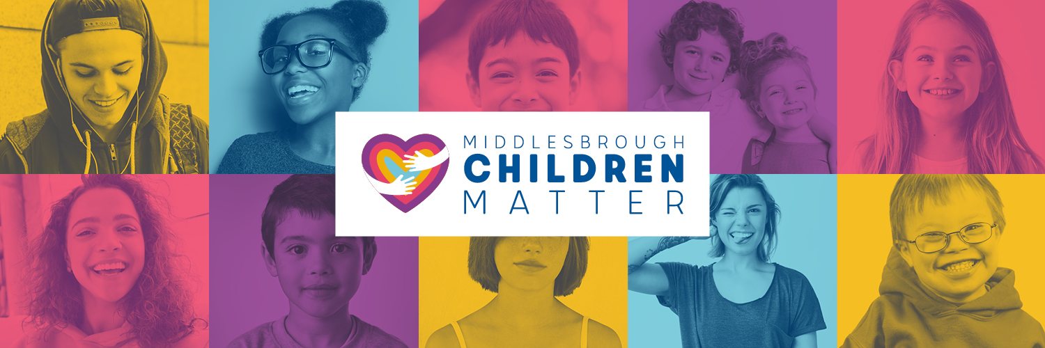 Middlesbrough Children Matter social media cover with the logo over a grid of faces