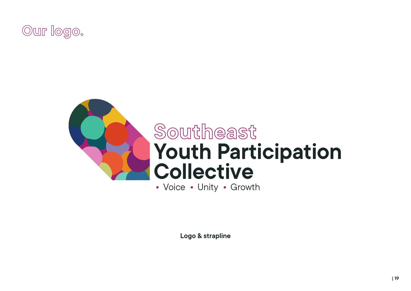 SEYPC brand manual: The logo with its strapline: Voice, Unity, Growth