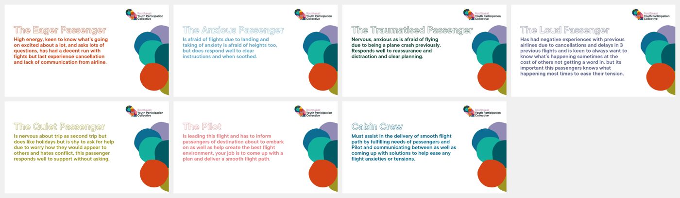 Trust Pilot role cards: passengers, pilot and cabin crew