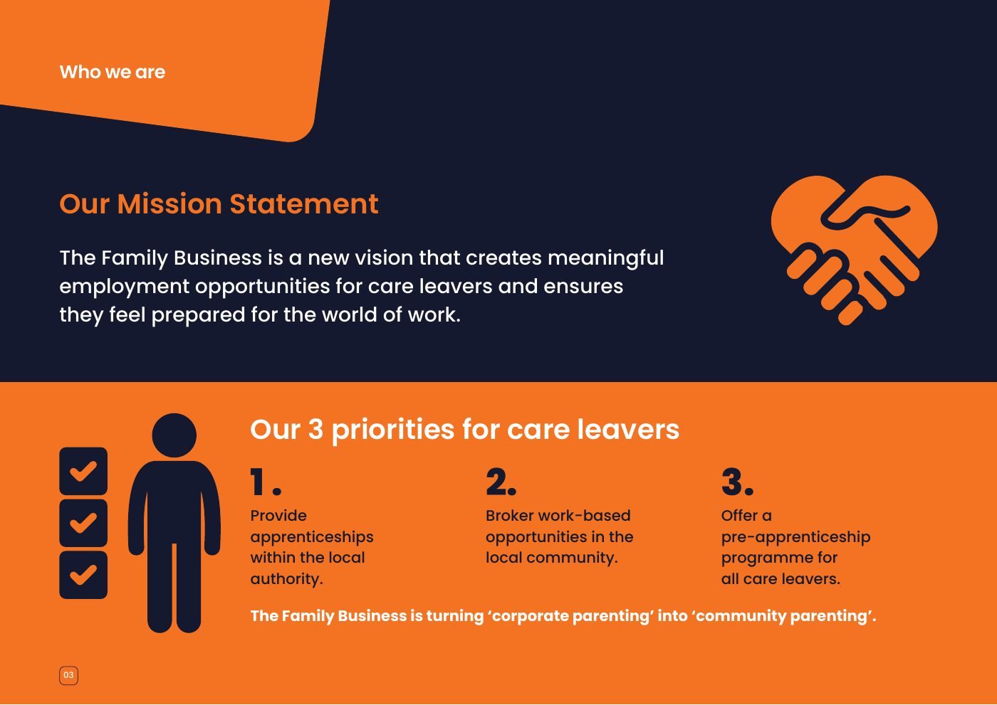 The Family Business brand guidelines: Mission statement and the three priorities for care leavers