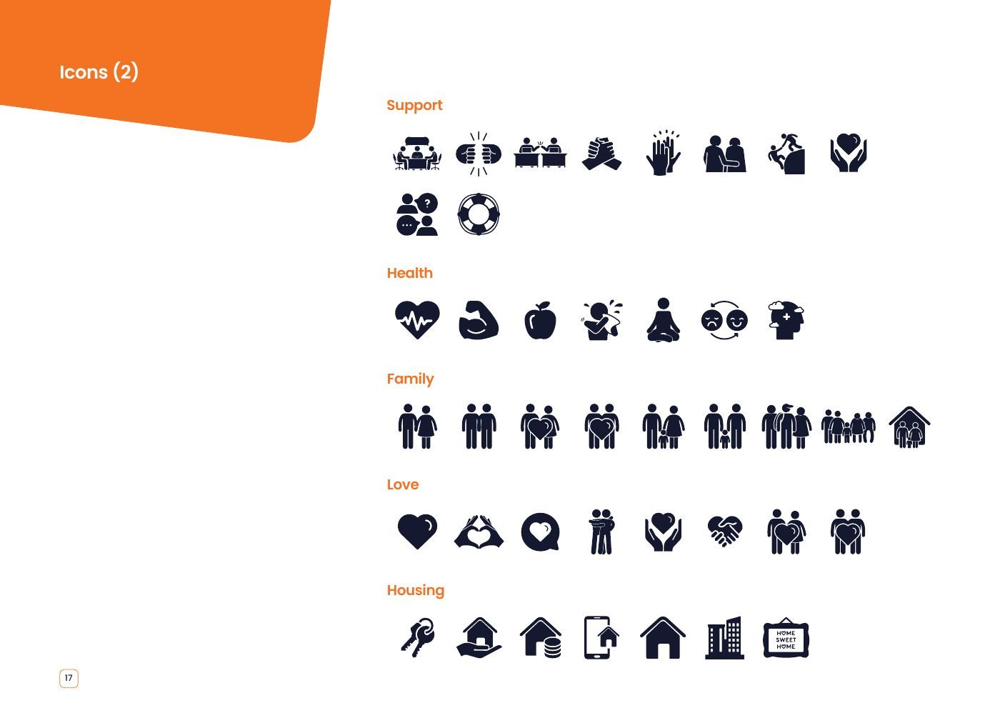The Family Business brand guidelines: Icons: support, health, family, love and housing
