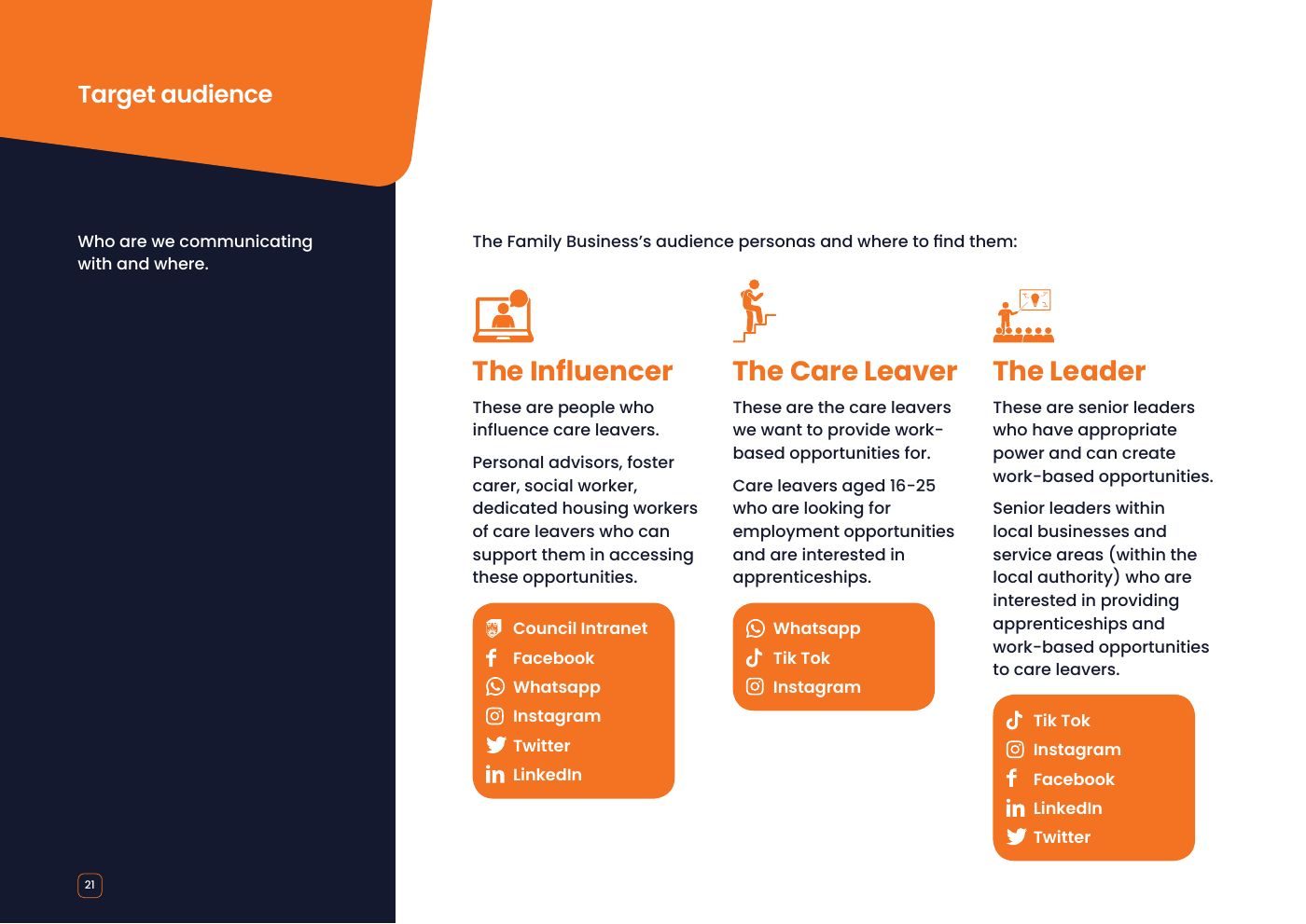 The Family Business brand guidelines: Who we talk to: influencers, care leavers and leaders