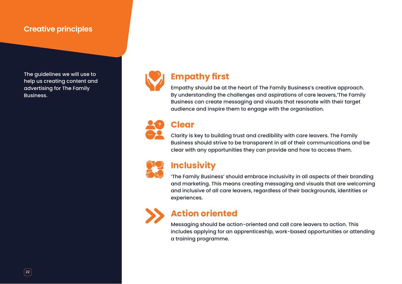 The Family Business brand guidelines: Creative principles: empathy first, clear, inclusive, action oriented