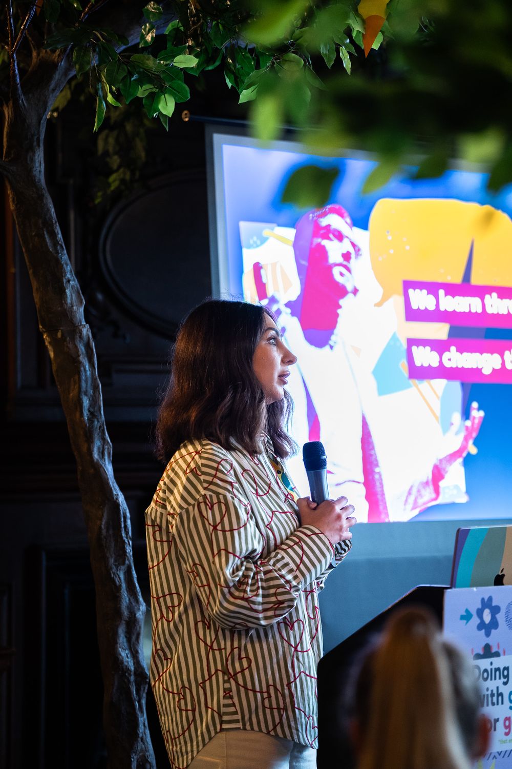 A speaker presenting Stories, Theory and Action
