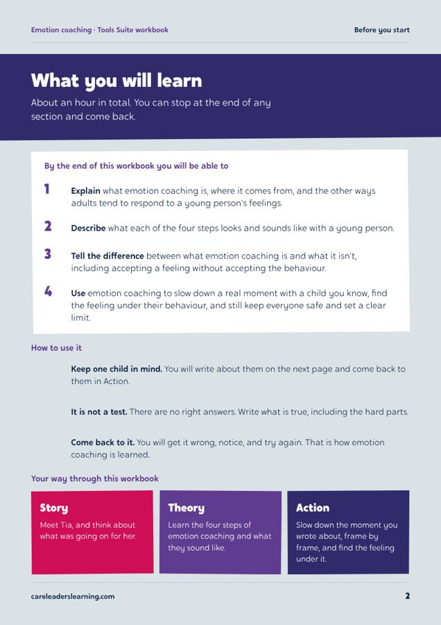Emotion Coaching workbook, page 2 of the sample