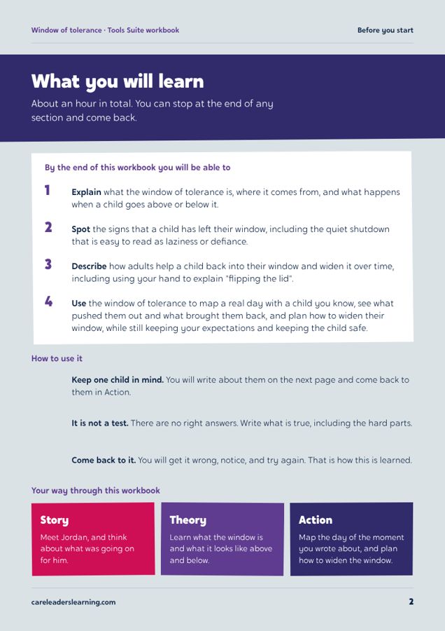 Window of Tolerance workbook, page 2 of the sample