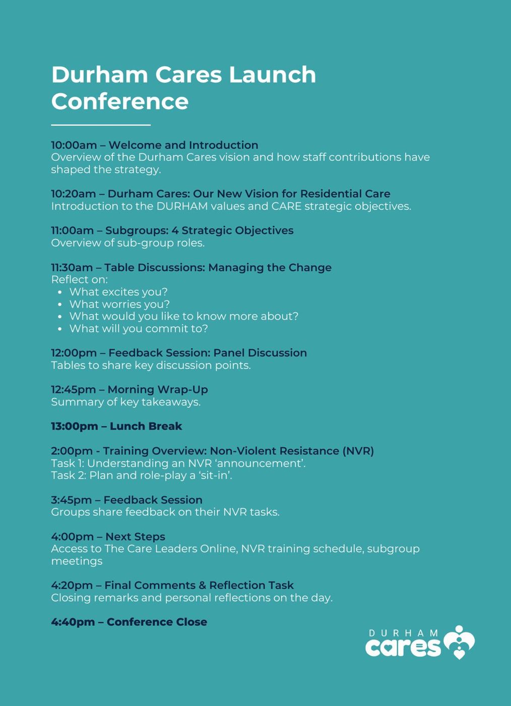 Durham Cares launch conference agenda