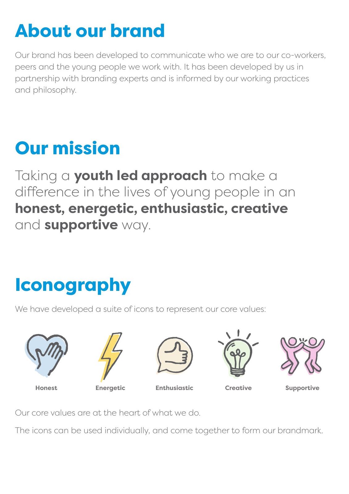 Voice and Participation Team brand guidelines: Our mission, and the five icons that stand for our values