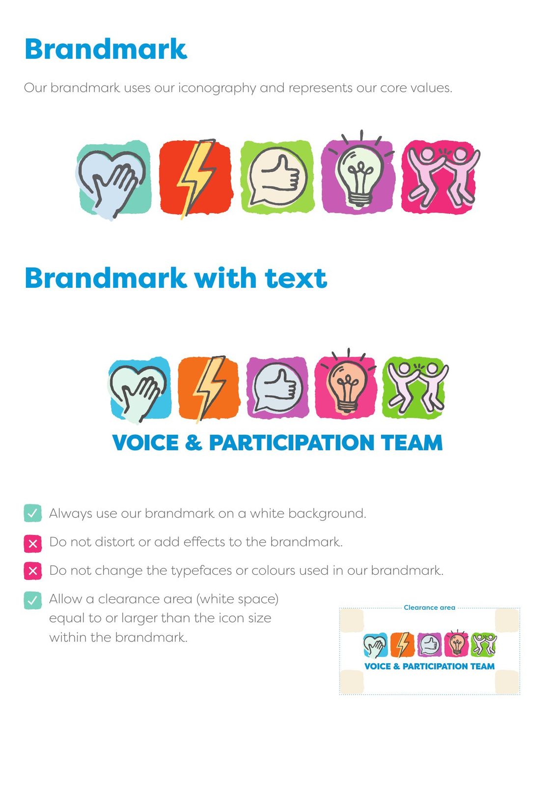 Voice and Participation Team brand guidelines: The brandmark, on its own and with text