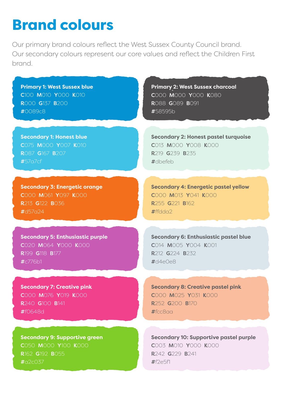 Voice and Participation Team brand guidelines: Brand colours: West Sussex blue and charcoal, plus a colour for each value