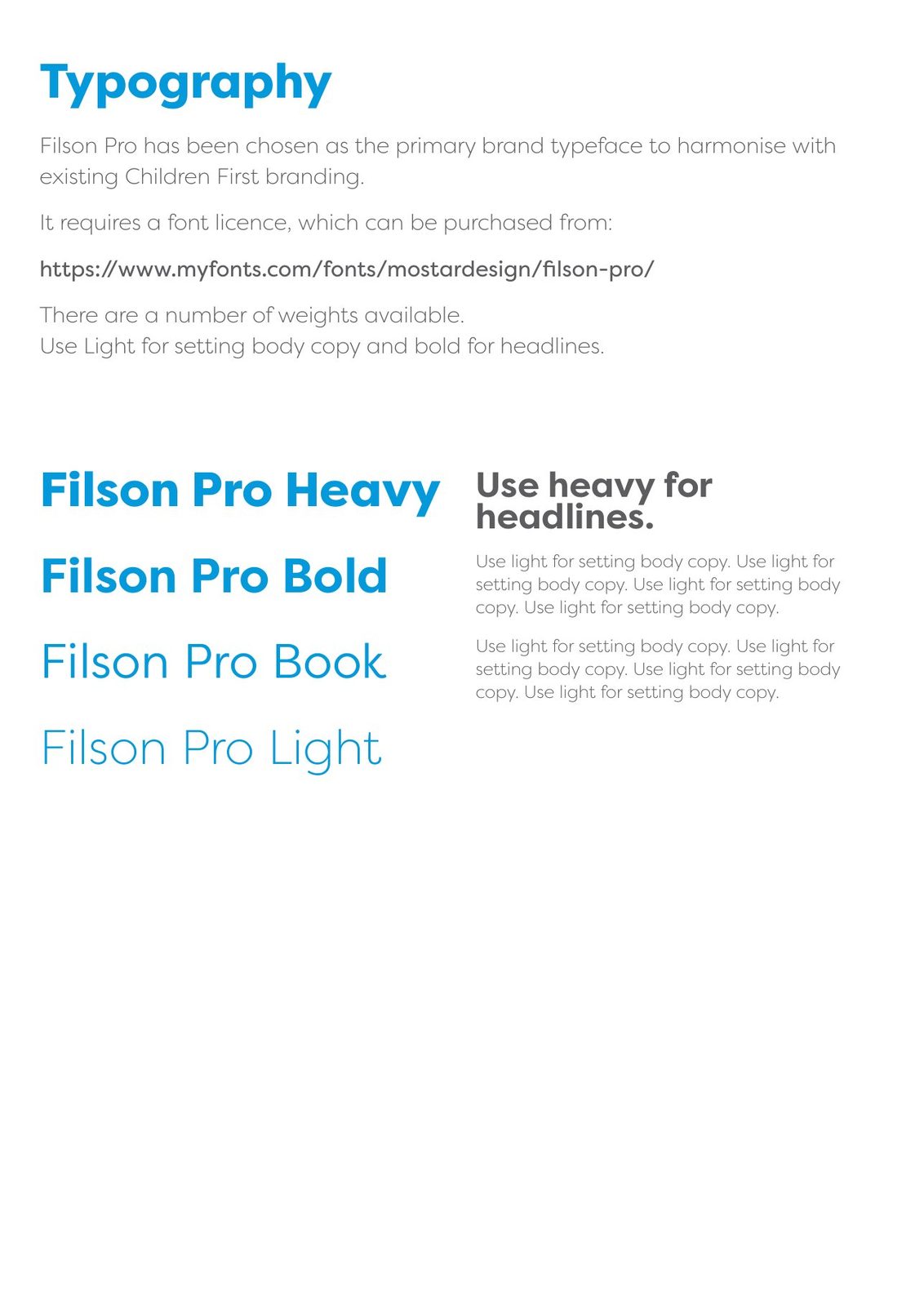 Voice and Participation Team brand guidelines: Typography: Filson Pro, to sit alongside Children First