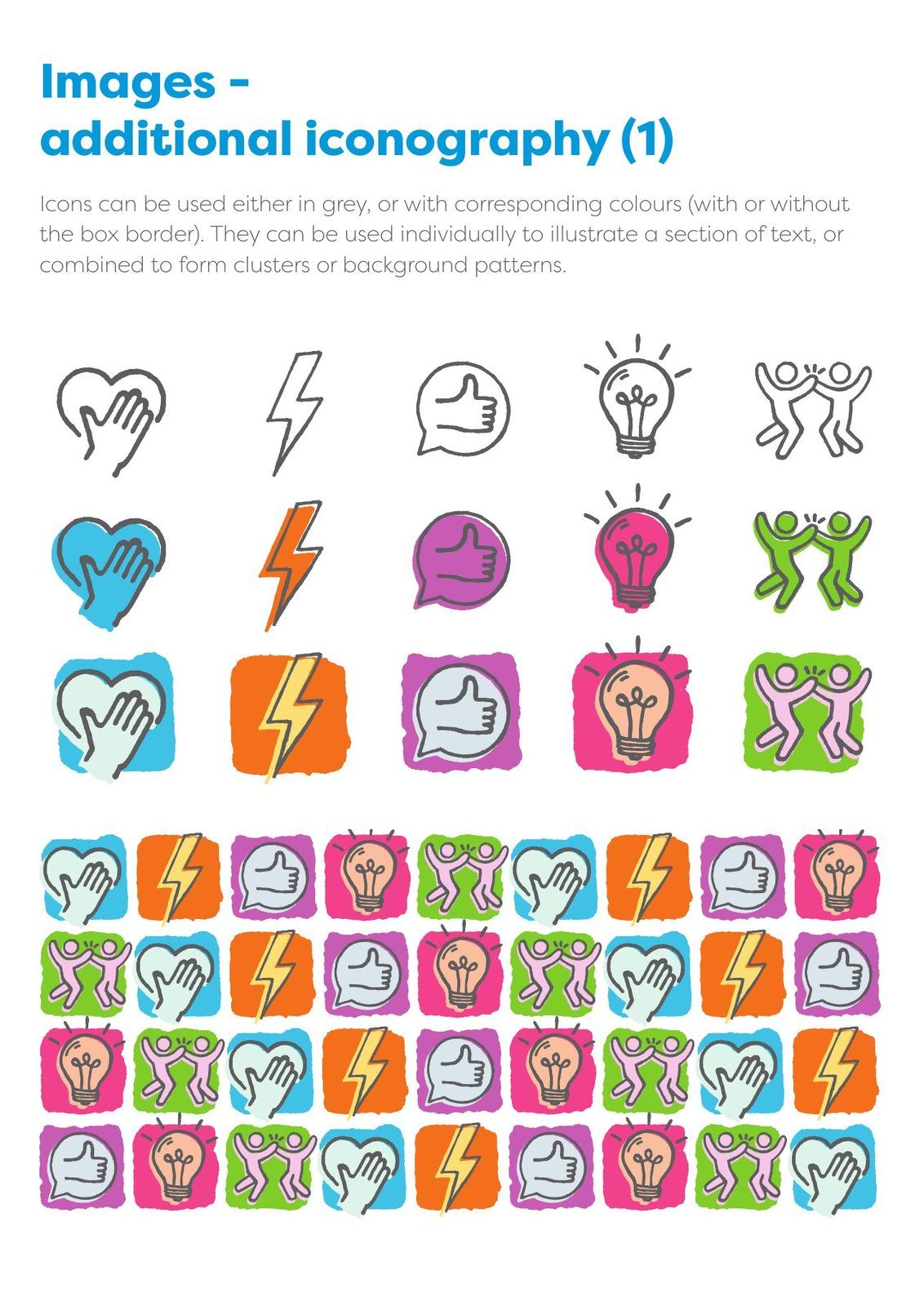 Voice and Participation Team brand guidelines: Icons in grey, in colour, and as patterns