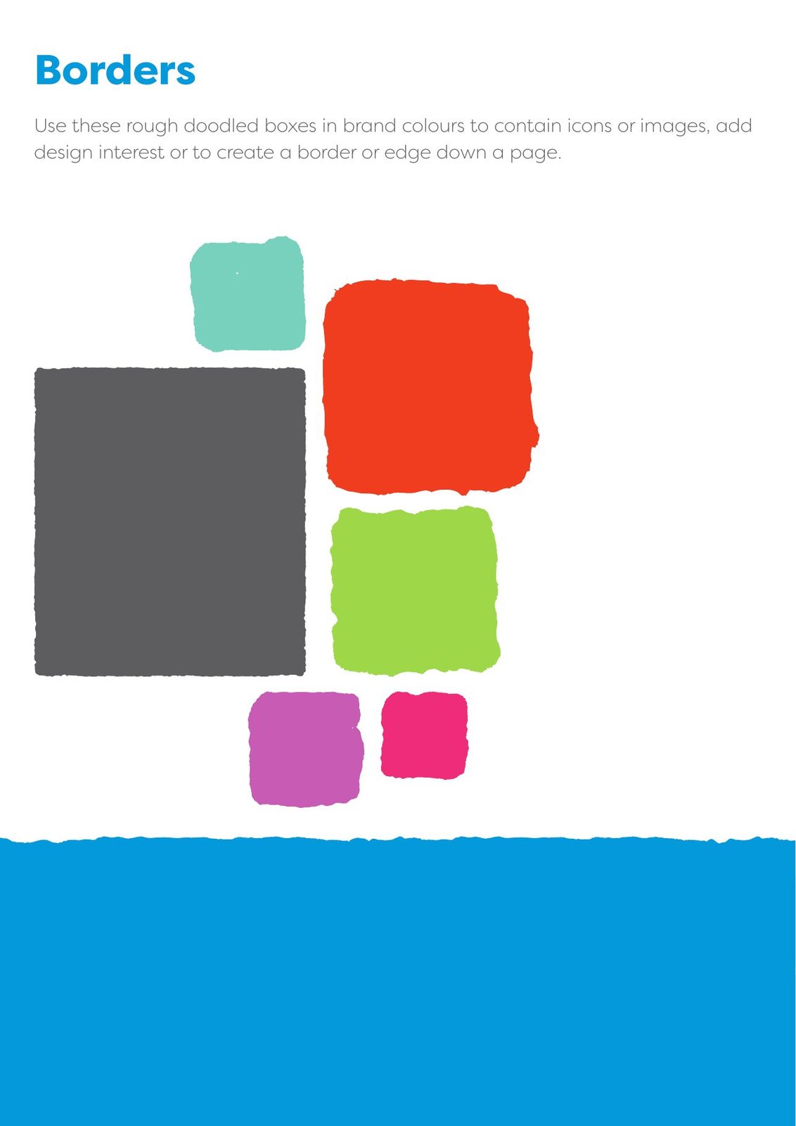 Voice and Participation Team brand guidelines: Rough doodled boxes for borders and frames
