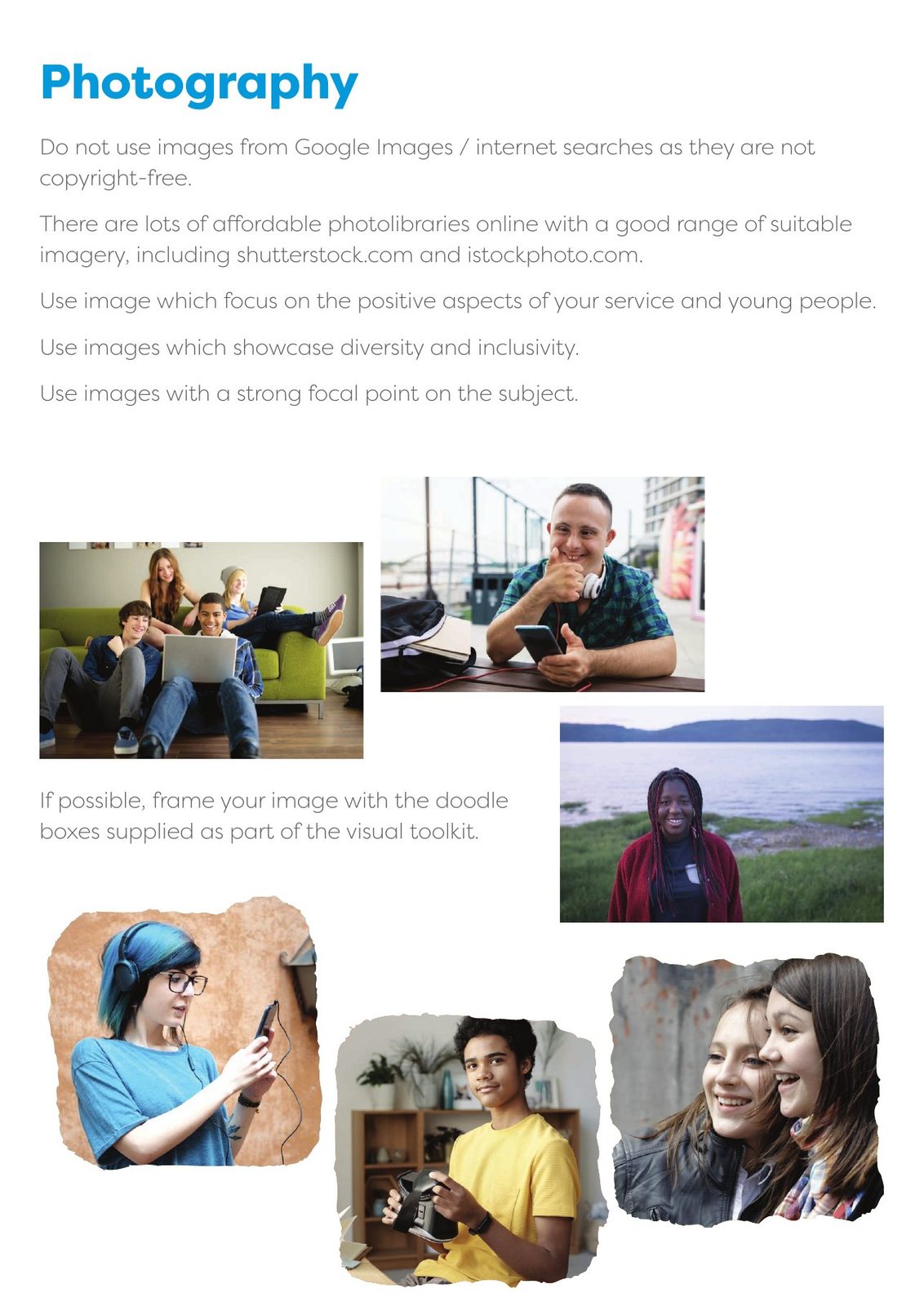 Voice and Participation Team brand guidelines: Photography: positive, diverse and framed in doodle boxes